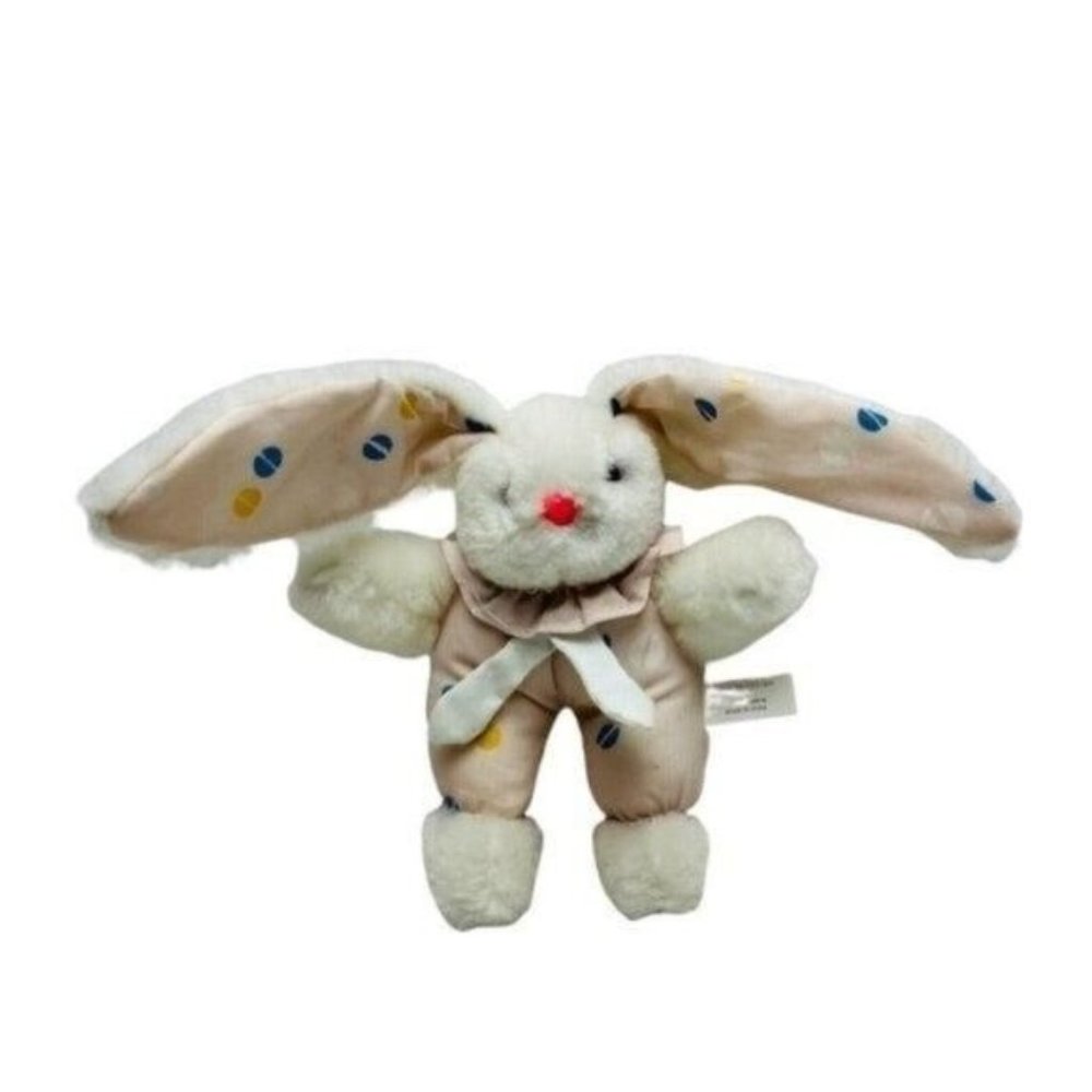 Vintage Plush Bunny Rabbit Polka Dot White Pink Hard Nose Eyes Stuffed Animal 7”